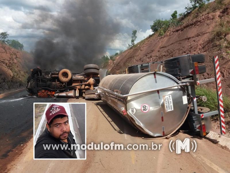 Carreta tomba, pega fogo e motorista morre na BR-352,...