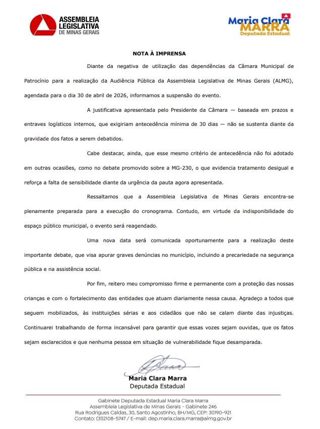 Imagem 2 do post Audiência pública da ALMG solicitada pela deputada Maria Clara Marra para 30/04 é suspensa